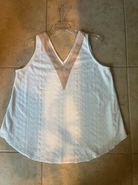 White Eyelet V-Neck Sleeveless Tank with Beaded Trim